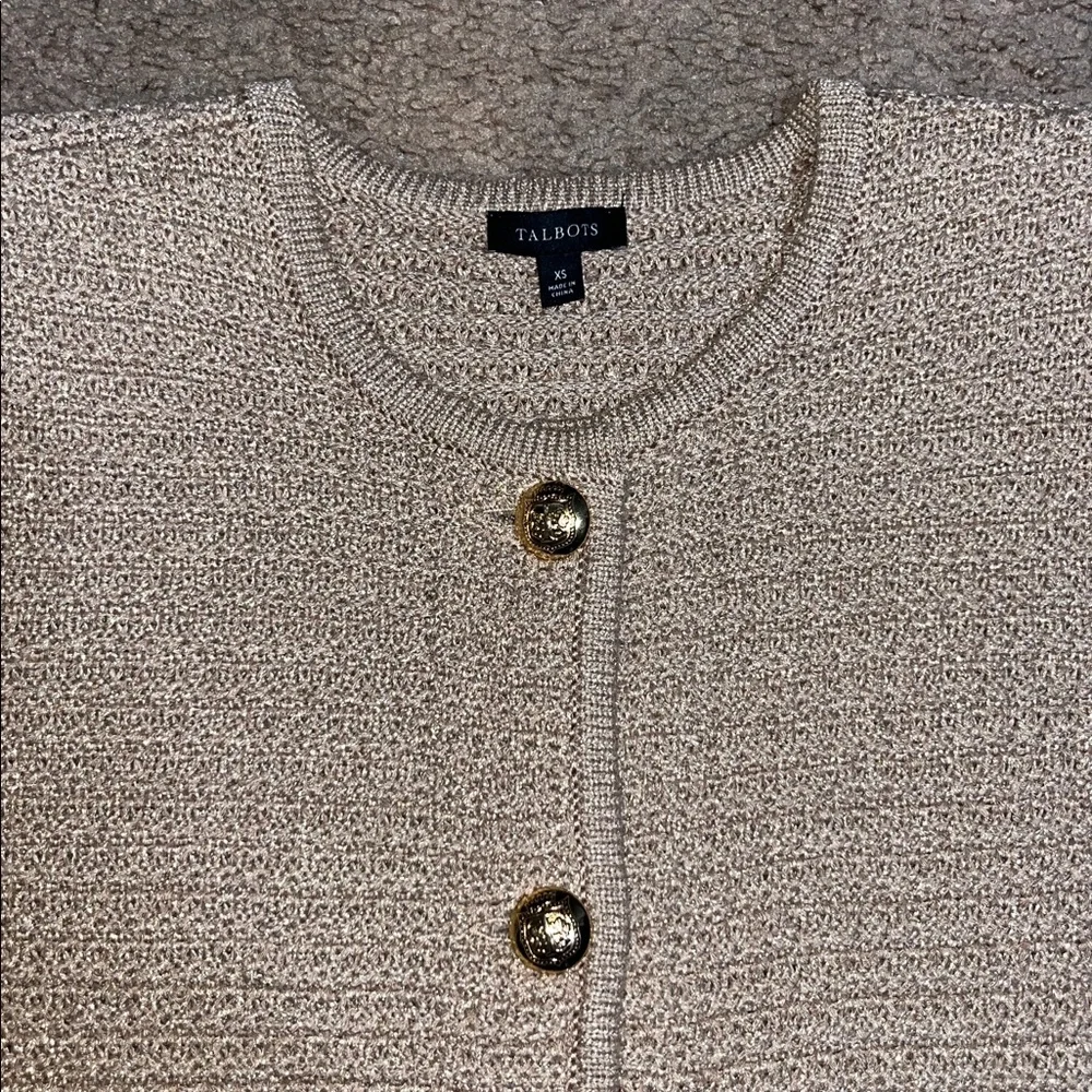 Talbots Kate Metallic Knit Button Up Crew Neck Cardigan‎ Sweater Gold Shimmer XS
